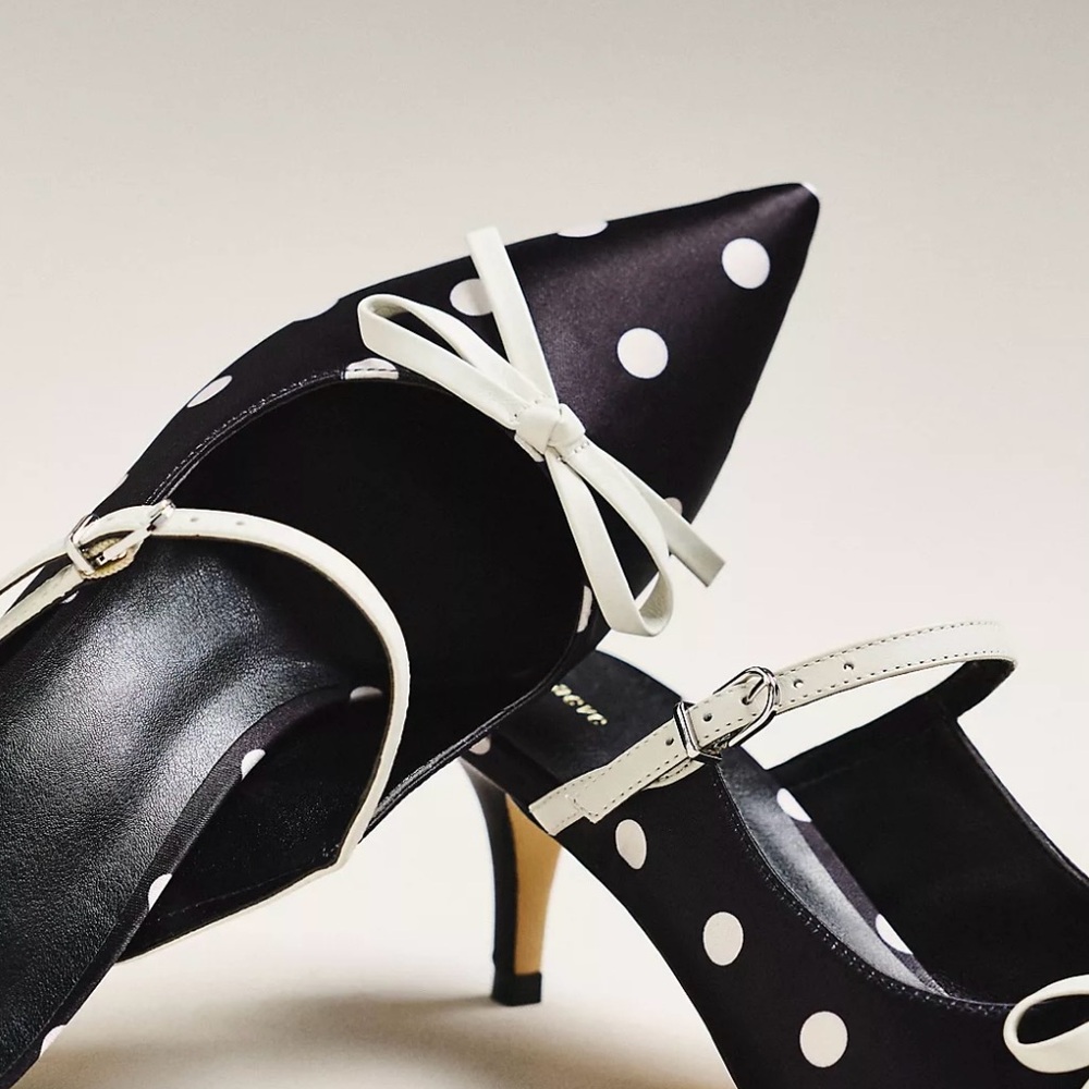 Maeve Bow Kitten-Heel Mules | Black and White Polka Dot Size 7 - Picture 2 of 3